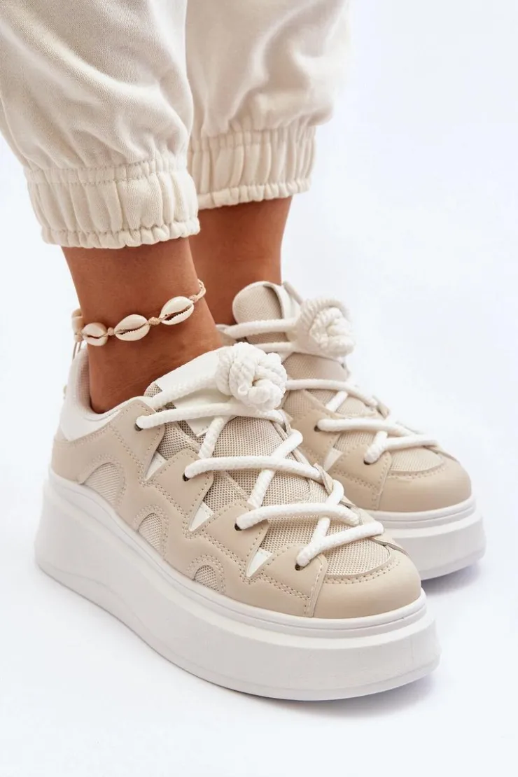 Boto Buty Sportowe Na Platformie|Sneakersy Damskie*Damskie Sneakersy Z Grubym Sznurowaniem Beżowe Vinali
