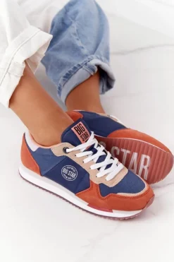 Big Star Shoes Trampki Damskie Big Star|Big Star*Damskie Sportowe Buty Memory Foam Big Star HH274567 Niebiesko-Pomarańczowe