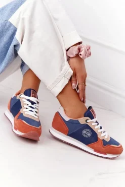 Big Star Shoes Trampki Damskie Big Star|Big Star*Damskie Sportowe Buty Memory Foam Big Star HH274567 Niebiesko-Pomarańczowe