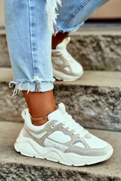 Outlet Big Star Shoes Damskie Sportowe Buty Sneakersy Big Star GG274657 Biało-Beżowe