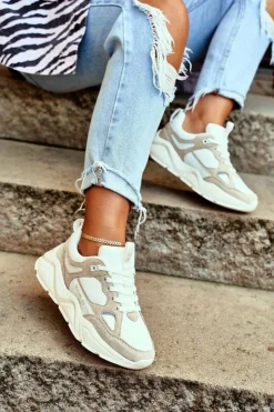 Outlet Big Star Shoes Damskie Sportowe Buty Sneakersy Big Star GG274657 Biało-Beżowe