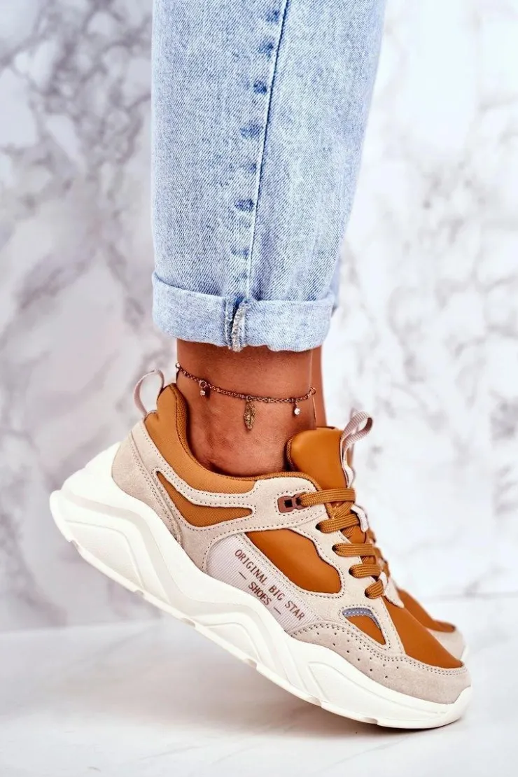 Damskie Big Star Shoes Damskie Sportowe Buty Sneakersy Big Star GG274653 Beżowo-Brązowe