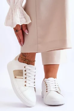 Boto Buty Sportowe Na Platformie|Sneakersy Damskie*Damskie Sportowe Buty Z Dżetami Biało-Złote Axelle