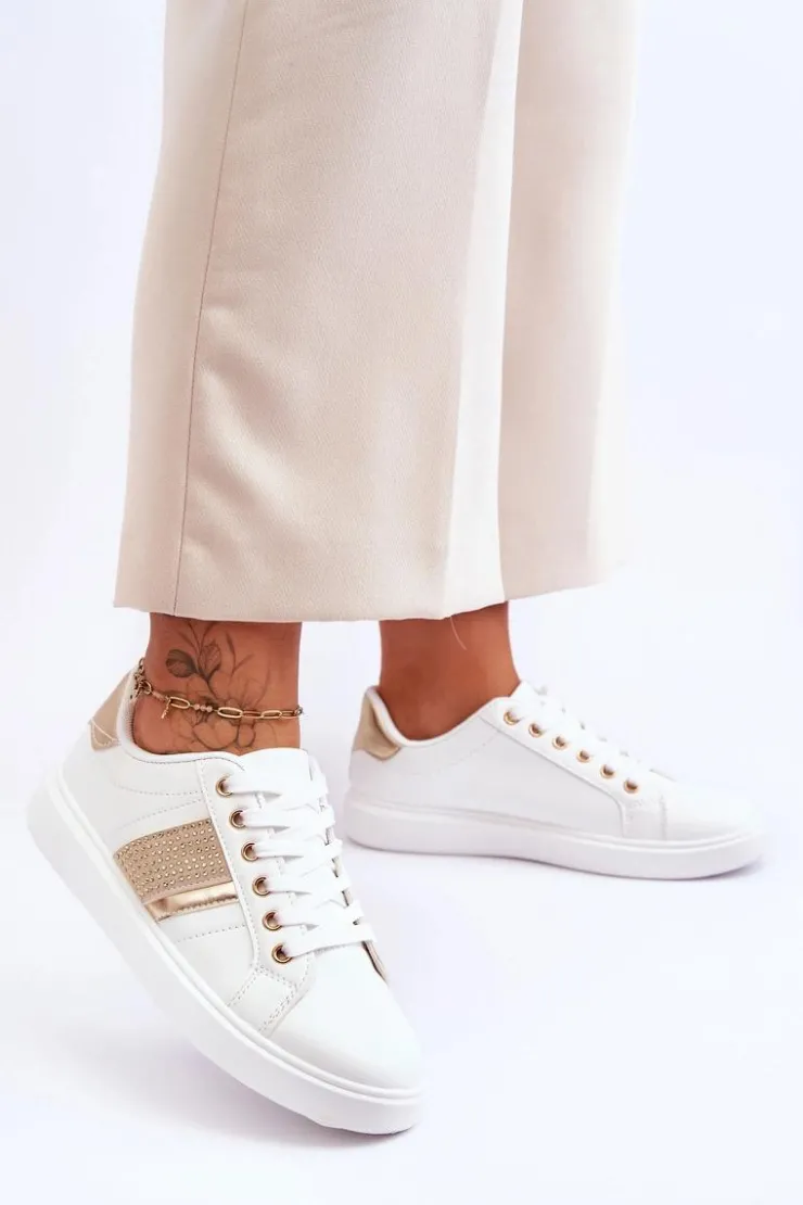 Boto Buty Sportowe Na Platformie|Sneakersy Damskie*Damskie Sportowe Buty Z Dżetami Biało-Złote Axelle