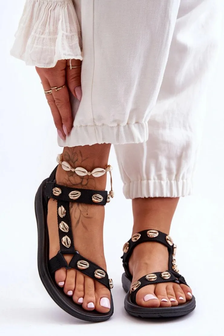 Boto Sandały Płaskie*Damskie Sportowe Sandały Ozdobne Złote Muszle Czarne Conner