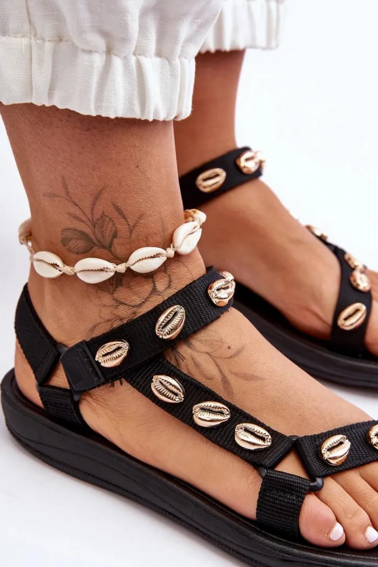 Boto Sandały Płaskie*Damskie Sportowe Sandały Ozdobne Złote Muszle Czarne Conner