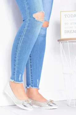 Online Boto Damskie Srebrne Wsuwane Balerinki Z Kokardką Cleoss