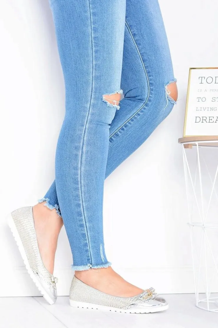 Online Boto Damskie Srebrne Wsuwane Balerinki Z Kokardką Cleoss