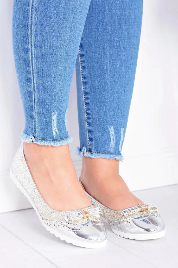 Online Boto Damskie Srebrne Wsuwane Balerinki Z Kokardką Cleoss