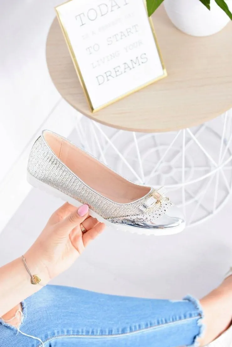 Online Boto Damskie Srebrne Wsuwane Balerinki Z Kokardką Cleoss