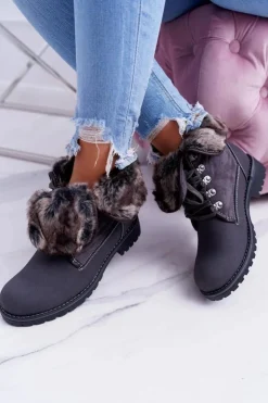 Damskie Boto Damskie Szare Botki Trapery z Futerkiem Chester