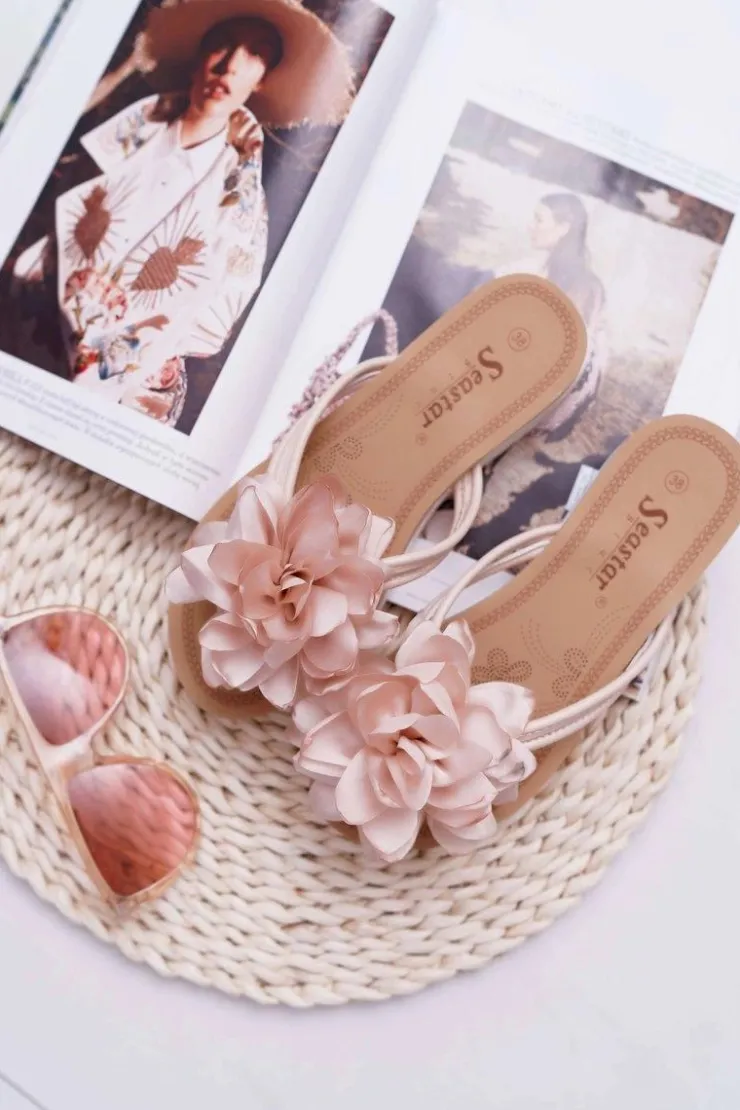 Online Boto Damskie Szare Klapki Japonki Kwiat Drademos