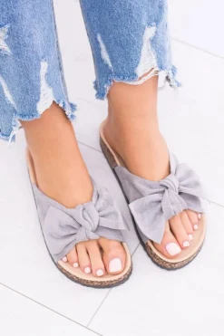 Best Boto Damskie Szare Klapki Na Korku Kokarda Dominica