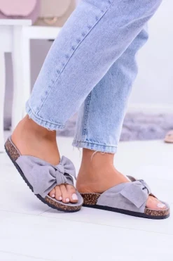 Best Boto Damskie Szare Klapki Na Korku Kokarda Wendy