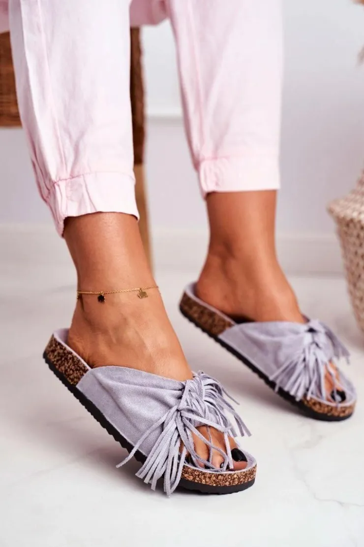 Boto Klapki Korkowe|Klapki Damskie Klasyczne*Damskie Szare Klapki Na Korku Frędzle Marina