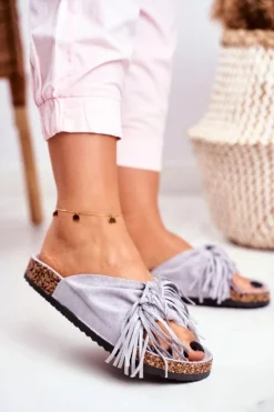 Boto Klapki Korkowe|Klapki Damskie Klasyczne*Damskie Szare Klapki Na Korku Frędzle Marina