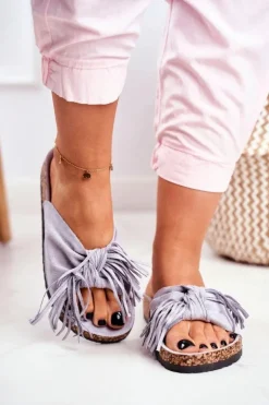 Boto Klapki Korkowe|Klapki Damskie Klasyczne*Damskie Szare Klapki Na Korku Frędzle Marina