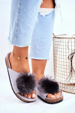 Discount Boto Damskie Szare Klapki Na Korku z Pomponem Galaxo