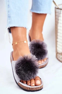 Discount Boto Damskie Szare Klapki Na Korku z Pomponem Galaxo