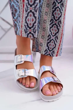 Discount Boto Damskie Szare Profilowane Klapki Opalizujące Astramos