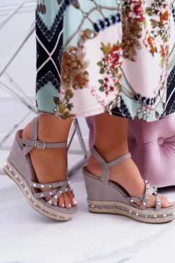 Damskie Boto Damskie Szare Sandały Na Koturnie Ćwieki Amare