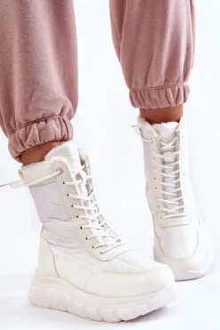 Buty damskie Vinceza Śniegowce Damskie|Botki Płaskie*Damskie Sznurowane Botki Śniegowce Na Platformie Biało-Beżowe Anubi