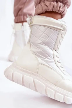 Buty damskie Vinceza Śniegowce Damskie|Botki Płaskie*Damskie Sznurowane Botki Śniegowce Na Platformie Biało-Beżowe Anubi