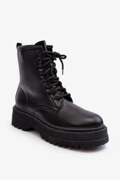 Hot Boto Damskie Sznurowane Botki Workery Na Grubej Podeszwie Czarne Biancis