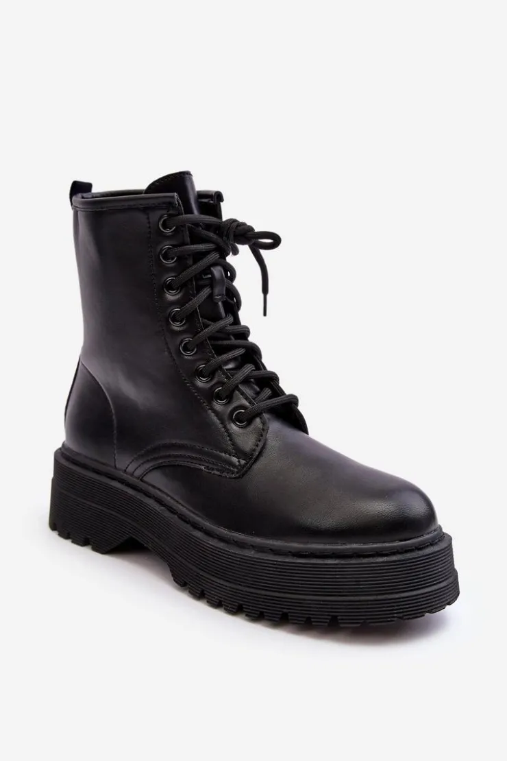 Hot Boto Damskie Sznurowane Botki Workery Na Grubej Podeszwie Czarne Biancis