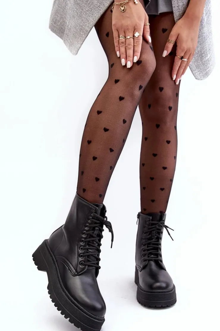 Hot Boto Damskie Sznurowane Botki Workery Na Grubej Podeszwie Czarne Biancis