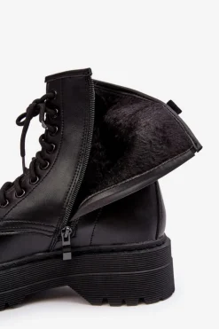 Hot Boto Damskie Sznurowane Botki Workery Na Grubej Podeszwie Czarne Biancis