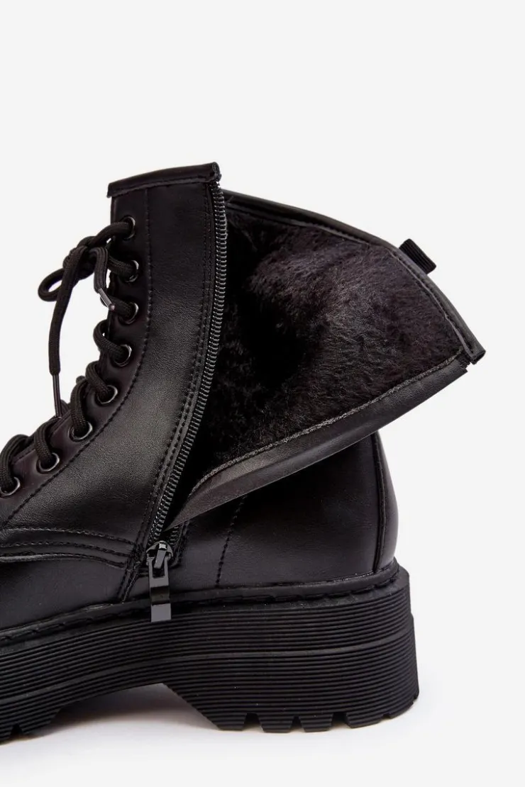 Hot Boto Damskie Sznurowane Botki Workery Na Grubej Podeszwie Czarne Biancis