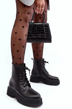 Hot Boto Damskie Sznurowane Botki Workery Na Grubej Podeszwie Czarne Biancis