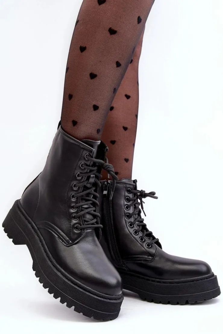 Hot Boto Damskie Sznurowane Botki Workery Na Grubej Podeszwie Czarne Biancis