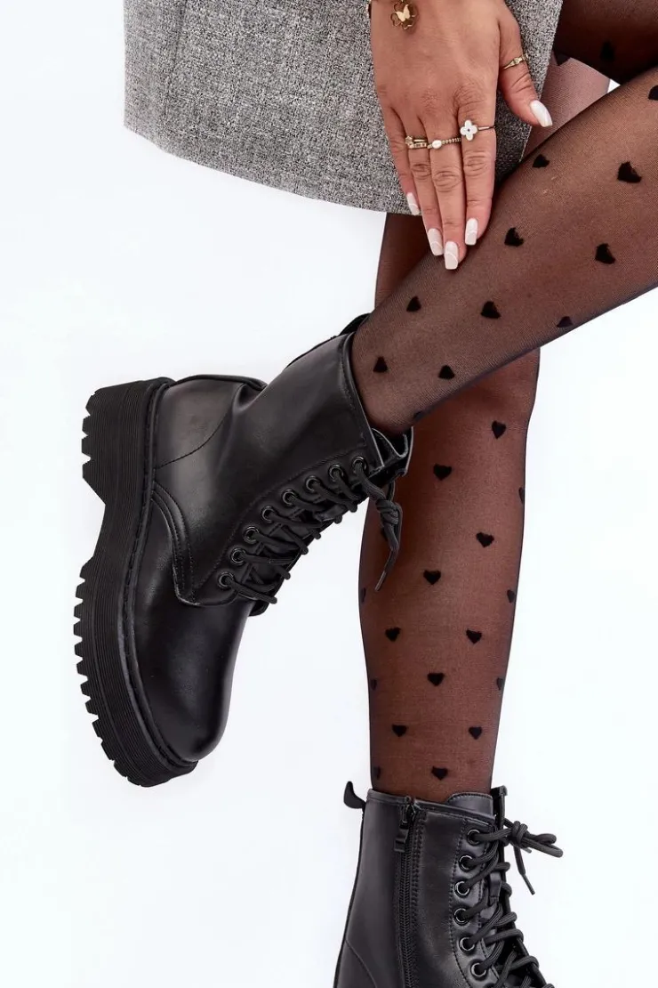 Hot Boto Damskie Sznurowane Botki Workery Na Grubej Podeszwie Czarne Biancis