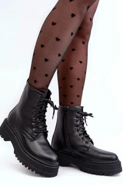 Hot Boto Damskie Sznurowane Botki Workery Na Grubej Podeszwie Czarne Biancis