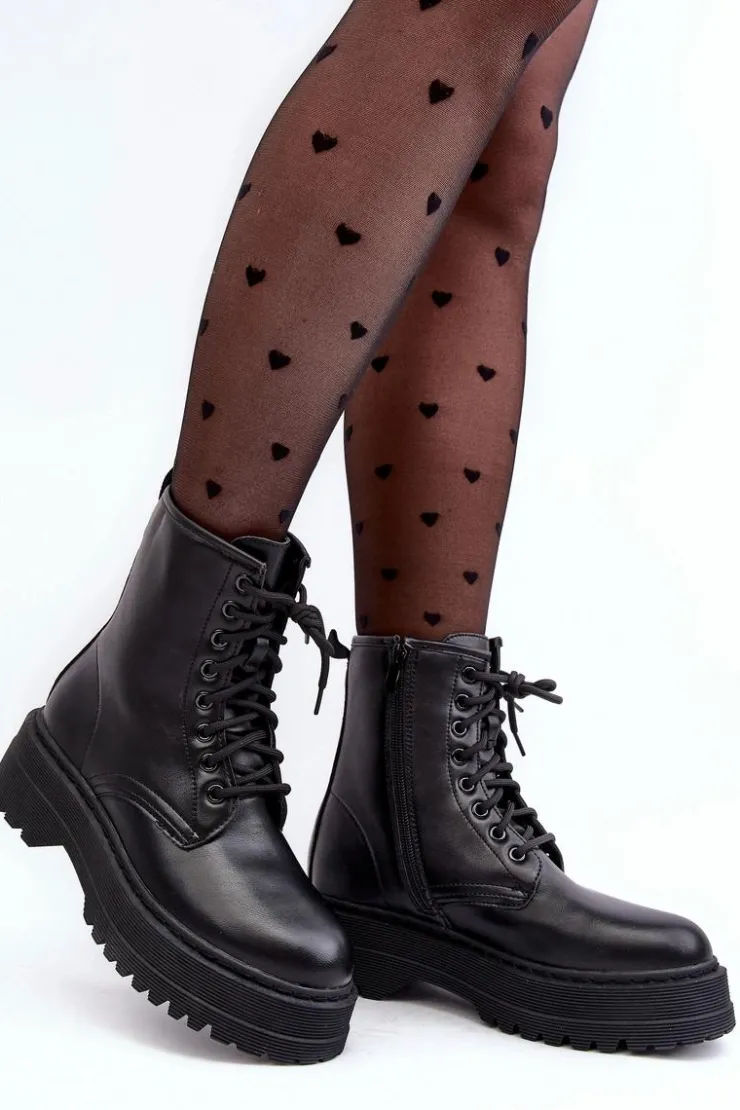 Hot Boto Damskie Sznurowane Botki Workery Na Grubej Podeszwie Czarne Biancis