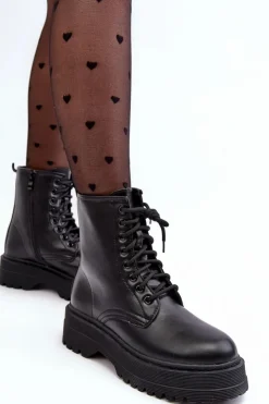 Hot Boto Damskie Sznurowane Botki Workery Na Grubej Podeszwie Czarne Biancis