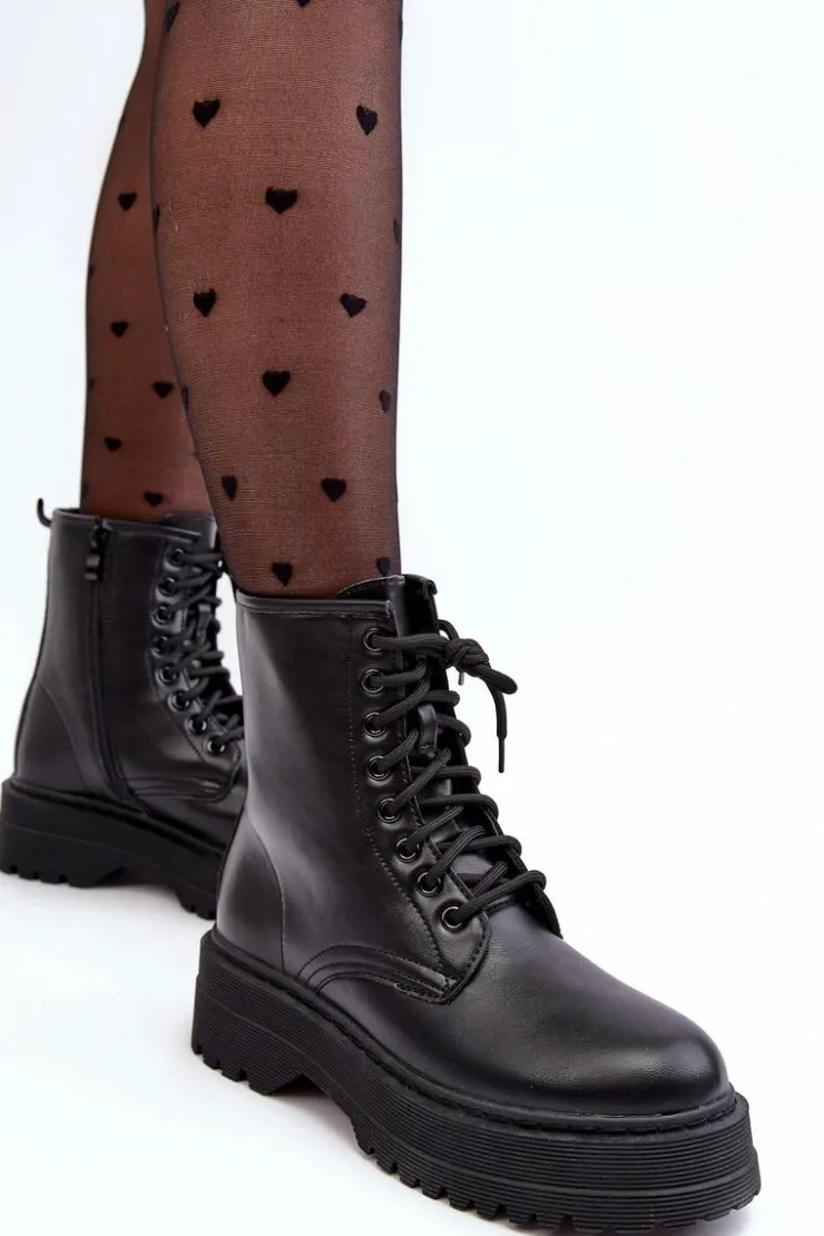 Hot Boto Damskie Sznurowane Botki Workery Na Grubej Podeszwie Czarne Biancis