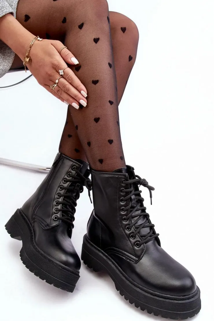 Hot Boto Damskie Sznurowane Botki Workery Na Grubej Podeszwie Czarne Biancis