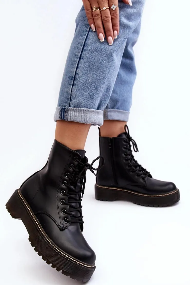 Boto Damskie Trapery|Botki Sznurowane*Damskie Sznurowane Botki Trapery Czarne Maddis