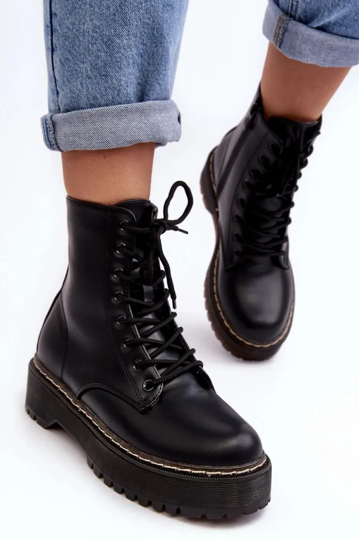 Boto Damskie Trapery|Botki Sznurowane*Damskie Sznurowane Botki Trapery Czarne Maddis