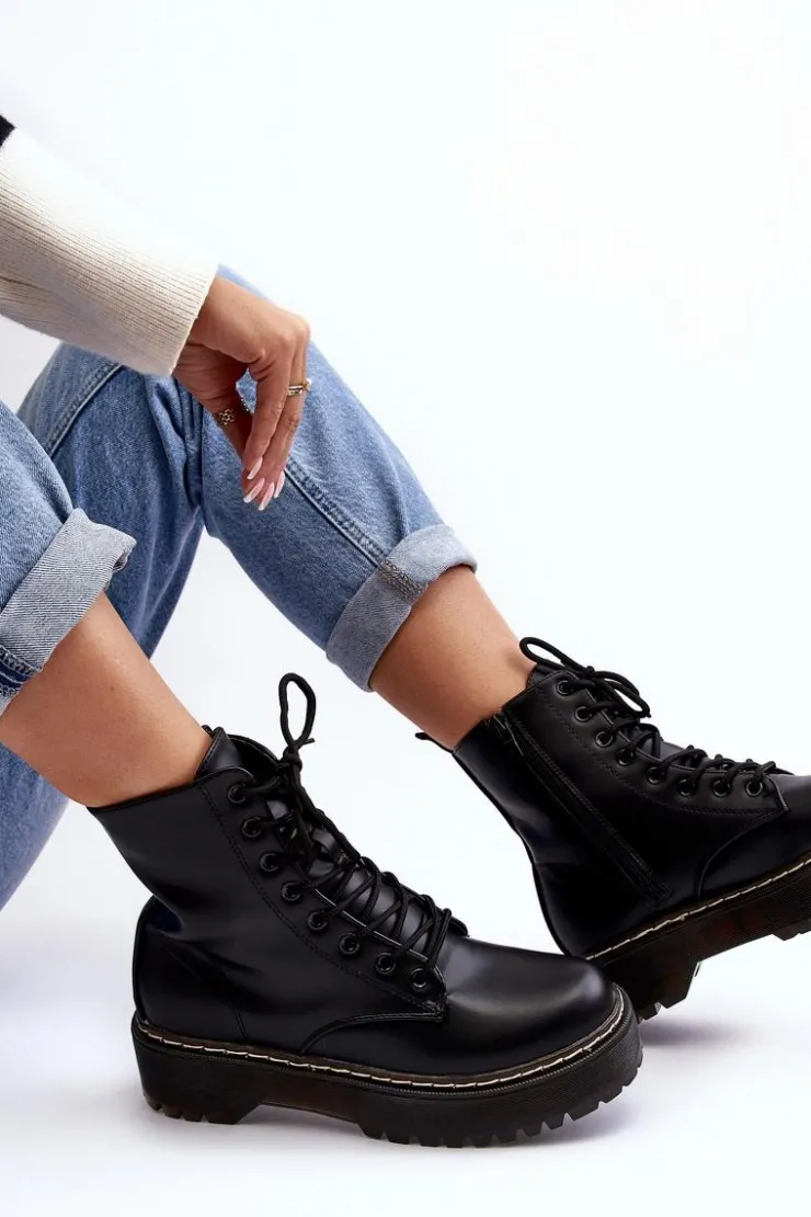 Boto Damskie Trapery|Botki Sznurowane*Damskie Sznurowane Botki Trapery Czarne Maddis