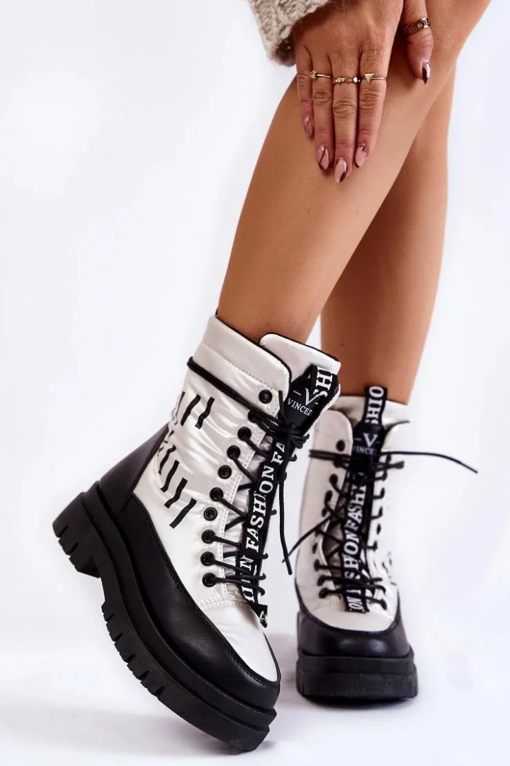 Damskie Buty damskie Vinceza Damskie Sznurowane Botki Śniegowce Vinceza 23-34586 Biało-Czarne