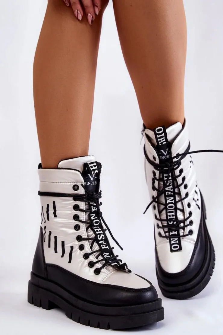 Damskie Buty damskie Vinceza Damskie Sznurowane Botki Śniegowce Vinceza 23-34586 Biało-Czarne
