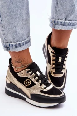 Damskie Evento Damskie Sznurowane Buty Sportowe Na Koturnie Czarno-Złote Genova