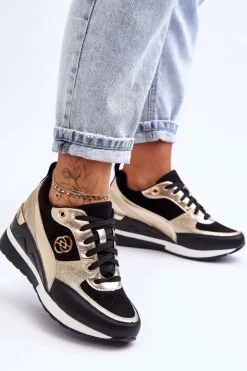 Damskie Evento Damskie Sznurowane Buty Sportowe Na Koturnie Czarno-Złote Genova