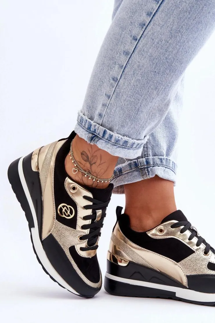 Damskie Evento Damskie Sznurowane Buty Sportowe Na Koturnie Czarno-Złote Genova