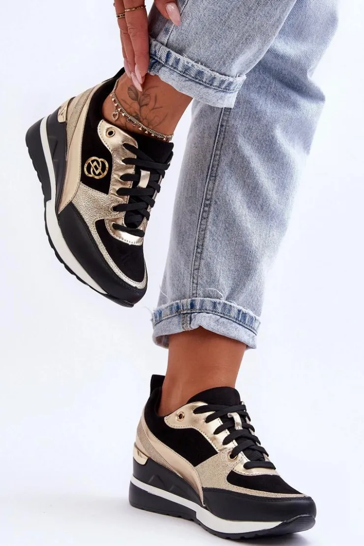 Damskie Evento Damskie Sznurowane Buty Sportowe Na Koturnie Czarno-Złote Genova