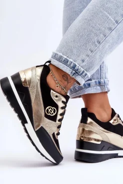 Damskie Evento Damskie Sznurowane Buty Sportowe Na Koturnie Czarno-Złote Genova